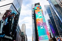 An advertisement featuring Semiconductor and memory chip company SK Hynix on the side of a building during the company's debut at the Nasdaq market in New York City, U.S., July 10, 2026. REUTERS/Angelina Katsanis