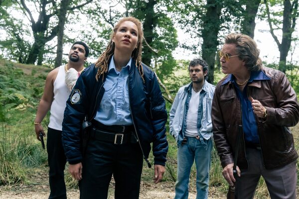 (from left) Daveed (O’Shea Jackson, Jr.), Officer Reba (Ayoola Smart), Eddie (Alden Ehrenreich) and Syd (Ray Liotta) in Cocaine Bear, directed by Elizabeth Banks.