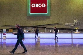 The CIBC logo displayed the the lobby of its headquarters in Toronto on Monday, Oct. 25, 2021.