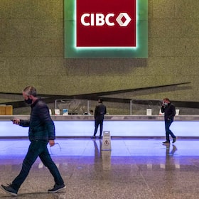 The CIBC logo displayed the the lobby of its headquarters in Toronto on Monday, Oct. 25, 2021.