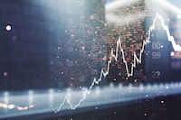 Double exposure of abstract creative financial chart hologram and world map on modern business center exterior background, research and strategy concept