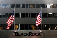 FILE PHOTO: The BlackRock logo is seen outside of its offices in New York City, U.S., October 17, 2016.  REUTERS/Brendan McDermid/File Photo