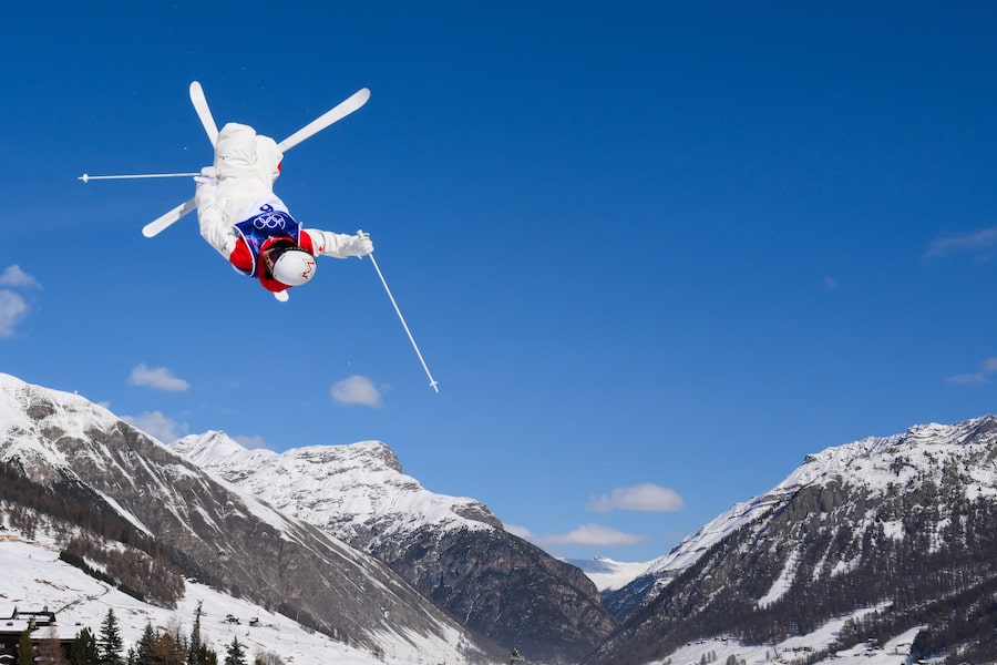 Canada's Mikaël Kingsbury practices at Livigno Air Park, ahead of the freestyle skiing moguls competition the Milan Cortina Winter Games.