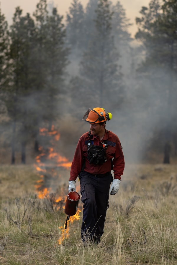 B.C. Wildfire Service firefighter Dan Moore uses a drip torch to set a strip of fire through a meadow during a prescribed fire burn on the ?aq?am community’s land outside Cranbrook, British Columbia on April 28, 2023.