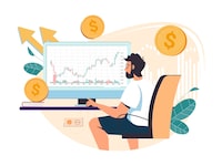 Happy man investor. Crypto currency up trend. Growth chart concept. Trade Chart. Cryptocurrency mining, bitcoin exchange, blockchain and marketing technology, internet money flat vector illustration.