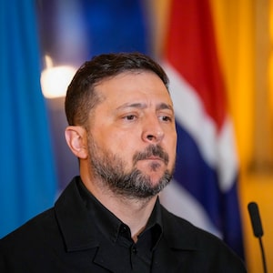 Ukrainian President Volodymyr Zelensky addresses a press conference in Oslo, Norway on Monday.