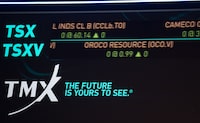 The S&P TSX composite index screen at the TMX Market Centre in downtown Toronto is photographed on November 11, 2022. 