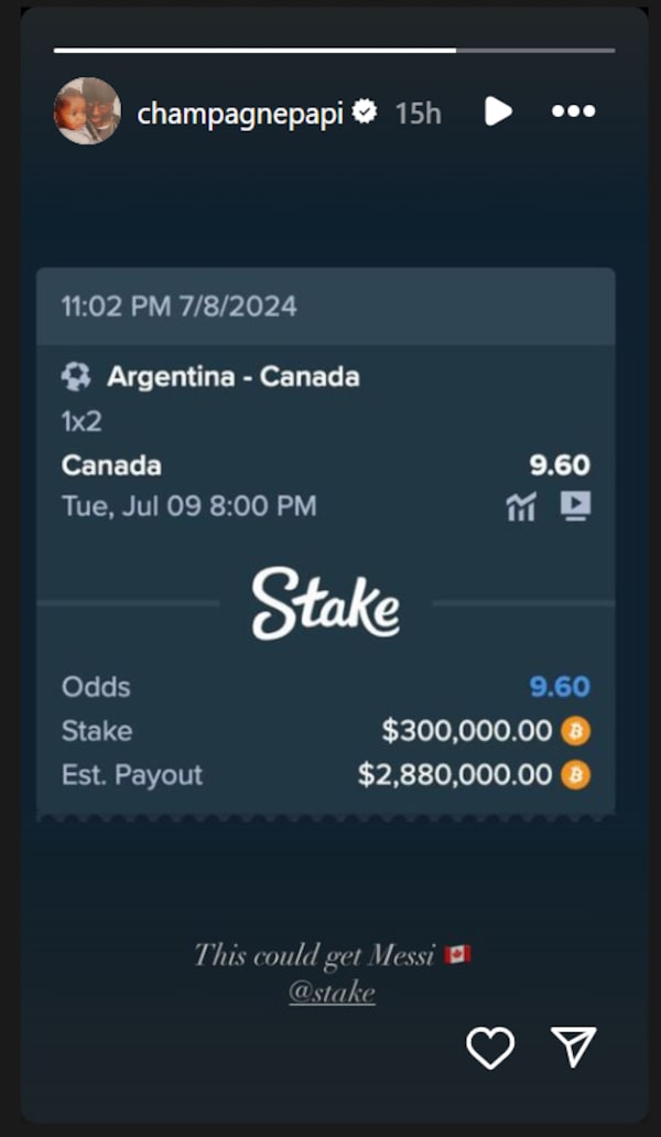 Rapper Drake posted a screengrab of his bet on Team Canada in the Copa America semifinal game against Argentina to his Instagram story on July 9, 2024.