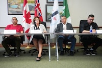 Whitewater First Nation Chief Pauline Drake, second left, speaks next to chiefs from northern Ontario First Nations, gathered to coordinate a shared response regarding wildfires that have devastated the communities, during a press conference at Queen's Park in Toronto on Thursday, July 30, 2026. THE CANADIAN PRESS/Nathan Denette