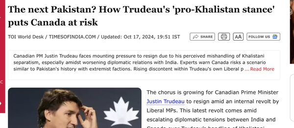 Screen capture of a Times of India news headline, comparing Canada to India's long-time foe Pakistan.