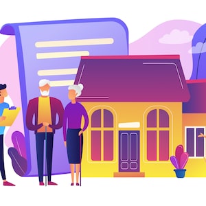 Property insurance, testament signing, house buying. Retirement estate planning, inheritance planning, financial advisor and lawyer services concept. Bright vibrant violet vector isolated illustration