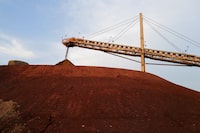 Ground ore under a conveyor belt as commercial gold production begins at the Newmont Ghana Gold Limited, Ahafo North Mine, in Afrisipakrom community in the Ahafo Region, Ghana, October 29, 2025.  