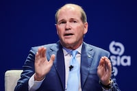 OMERS President and CEO Blake Hutcheson speaks at the 2025 US-Canada Summit in Toronto on October 8, 2025. (Sammy Kogan/The Globe and Mail)