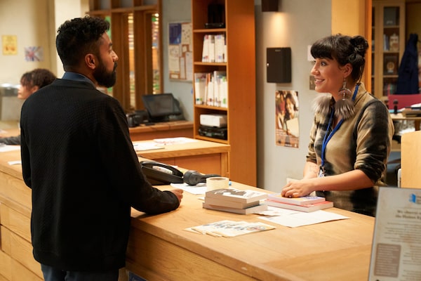 The new CTV Original series SHELVED is a workplace comedy that follows the staff and patrons in the underfunded Jameson branch of the Metropolitan Public Library, as they deal with the community and each other’s eccentricities. Shown: Alvin Canada (Varun Saranga) and Junior Librarian Jacqueline “Jaq” Bedard (Dakota Ray Hebert, right.