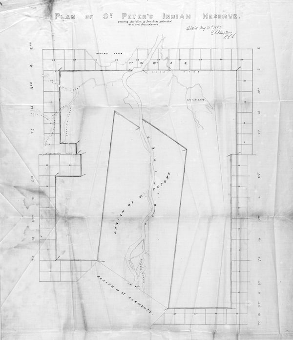 First Nations Reserves in Western Canada -- Plan of St. Peter's Indian Reserve, Manitoba, showing position of iron posts planted to mark boundaries. Selkirk, Aug. 31st, 1883. Credit: Library and Archives Canada

NB: St. Peter’s was a community of Cree and Saulteaux peoples in the Red River Valley, in what is today southern Manitoba. A band of Swampy Crees, led by Chief Peguis, and Saulteaux peoples established the community as an agricultural settlement in the early nineteenth century. The missionary John Cockran set up an Anglican parish and church, called St. Peter’s, for Peguis’s band in the 1830s, and it is from here that the community got its name. St. Peter’s parish and its associated mission village has often been used interchangeably to describe the larger Indigenous community along this stretch of the Red River. As white settlement continued to grow in the Red River valley, and with the 1869-70 conflict over territory between Métis and the Dominion Government, the Cree and Saulteaux sought a formal treaty with the Canadian Government. The government agreed to do so in 1871. With Treaty 1 the government recognized what was then mostly Saulteaux and Swampy Cree territory in the Red River Valley as an Indian Reserve and promised to protect it. St. Peter’s became a thriving agricultural settlement with its Indigenous inhabitants cultivating over 2,000 acres of land by the late 1870s. Despite this agricultural success, the government and white settlers accused St. Peter’s Indigenous farmers as being insufficiently productive and in 1908 the Department of Indian Affairs closed the St. Peter’s Reserve. Most of its inhabitants were compelled to leave the region and move north to establish a new reserve on the Fisher River, as the Peguis First Nation.
