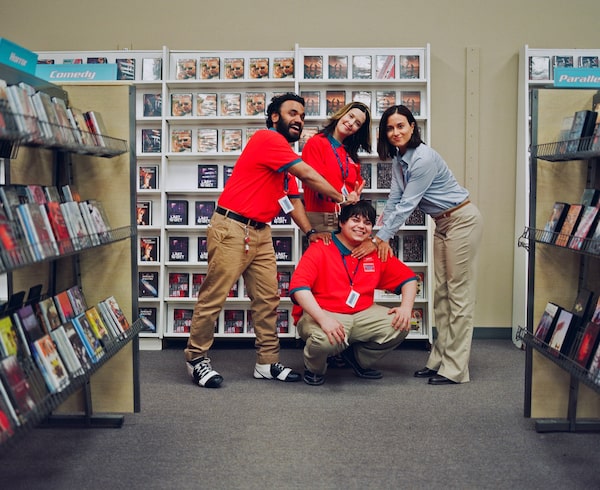 L to R: Andy McQueen (Brendan), Alex Ateah (Shannon), Isaiah Lehtinen (Lawrence) and Romina D'Ugo (Alana) in I LIKE MOVIES. Photo courtesy of VHS Forever Inc.