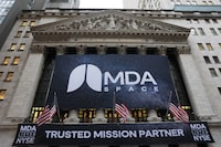 An MDA Space Ltd banner is hung on the facade of the New York Stock Exchange during morning trading on March 12, 2026 in New York City.  