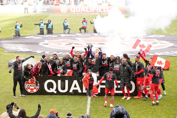 Canada players celebrate their win following second half CONCACAF World Cup soccer qualifying action against Jamaica, in Toronto on Sunday, March 27, 2022