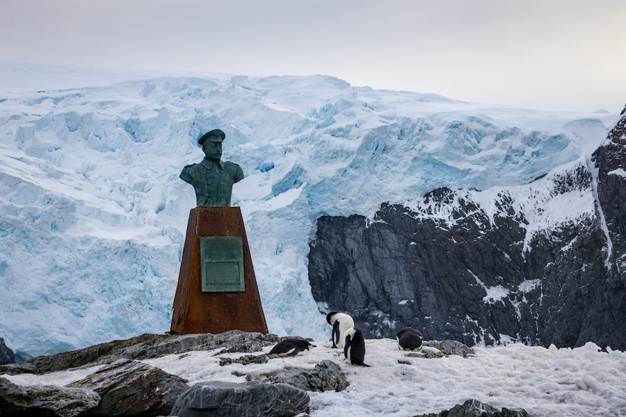 A bronze bust of Chilean navy pilot Luis Pardo stands at Point Wild on Elephant Island in memory of his 1916 rescue of Ernest Shackleton's men.