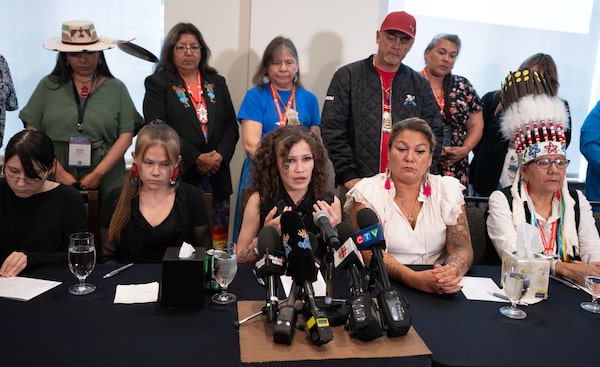 Cambria Harris, the daughter of Morgan Harris, speaks to the media alongside family members Thursday, July 11, 2024 in Montreal. Jeremy Skibicki has been fond guilty of first-degree murder in the deaths of Morgan Harris and three other indigenous women in Manitoba. THE CANADIAN PRESS/Ryan Remiorz