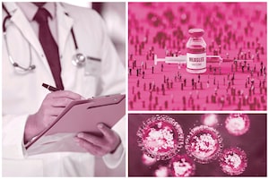 lf-Ask-a-Doctor-Measles-0518
Doctor writing notes.
Measles Vaccine Bottle.
Measles morbillivirus structure - 3d rendered image.