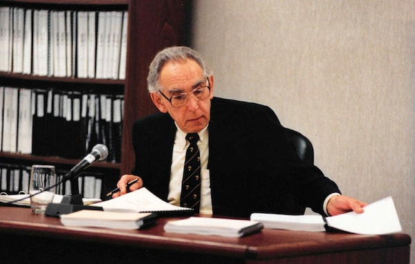 HORACE KREVER -- After almost three years of hearings punctuated by anger, bitterness, anguish and recrimination, Horace Krever, 67, shown C. 1996 in Toronto, Ontario finally adjorned his inquiry into the nation's tainted-blood scandal and began writing the report that Ottawa wanted by April 30. Predictably, he will describe how more than 13,000 Canadians who received transfusions in the early to mid-1980s were infected - in many cases, fatally - by the viruses of AIDS and hepatitis C. (MACLEAN'S PHOTO / CP) 1996 (stf/Peter Bregg)