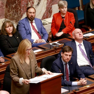 Minister of Finance Brenda Bailey tables her first budget in the legislative assembly at legislature in Victoria, B.C., on Tuesday, March 4, 2025. THE CANADIAN PRESS/Chad Hipolito