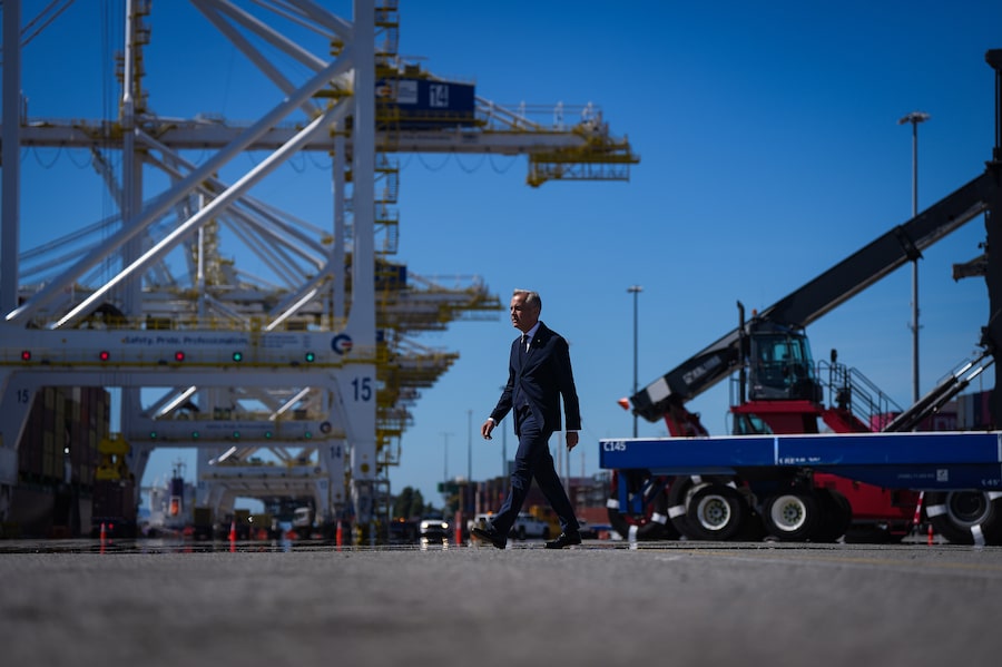 Prime Minister Mark Carney tours the Deltaport container facility in Delta, B.C., on July 30. Earlier that month, it was announced that upgrading the Port of Vancouver has been referred to Canada's Major Projects Office (MPO) for possible fast-tracking.
