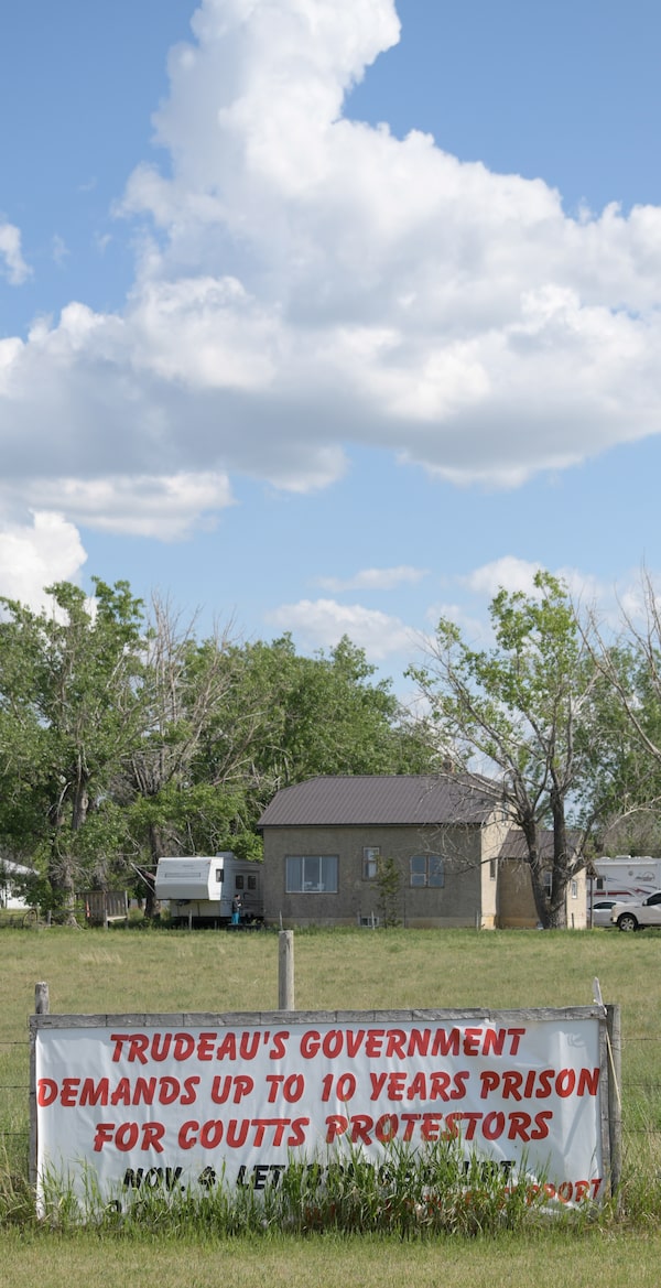  A side road to Highway 3 in Taber, Alta., has a sign about the Coutts standoff of 2022, when groups opposed to COVID-19 restrictions blockaded a crossing between Alberta and Montana.