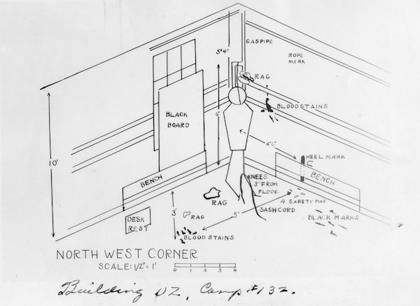Diagram of the Crime Scene in the Karl Lehmann Murder at POW Camp 132, September 12, 1944. Photograph of the diagram northwest corner of the north lecture room, building DZ in Prisoner of War (POW) Camp 132 at Medicine Hat, Alberta. The position of Dr. Lehmann's body is given, as well as the positions of all furniture, fixtures and evidence at the scene. Courtesy of Galt Museum & Archives