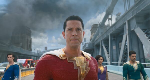 (L-r) ADAM BRODY as Super Hero Freddy, ZACHARY LEVI as Shazam, MEAGAN GOOD as Super Hero Darla and D.J. COTRONA as Super Hero Pedro in New Line Cinema’s action adventure “SHAZAM! FURY OF THE GODS,” a Warner Bros. Pictures release.
