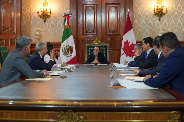Mexico's President Claudia Sheinbaum meets with Canada's Finance Minister François-Philippe Champagne and Foreign Affairs Minister Anita Anand  in Mexico City on Aug. 2, 2025. Supplied/Mexico Presidency Press Office/AFP via Getty Images