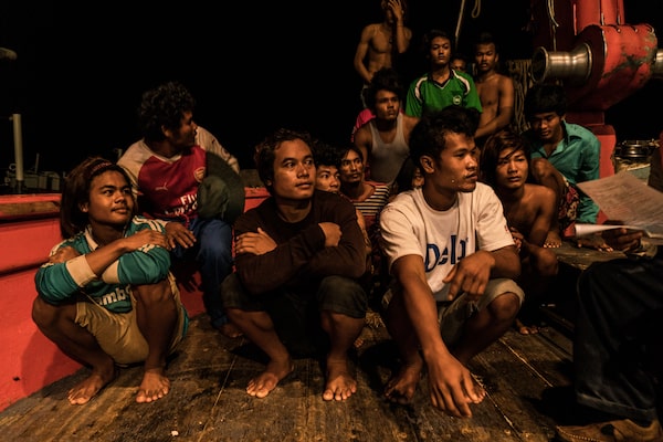 Cambodian migrant workers on a Thai fishing ship.