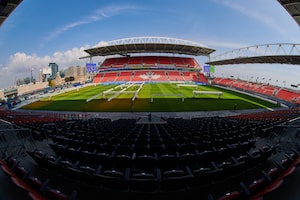 Field work continues at BMO Field as the City of Toronto and MLSE complete the first phase of upgrades in transforming the space into the 2026 World Cup ready Toronto Stadium in Toronto, on Tuesday, Sept. 23, 2025. THE CANADIAN PRESS/Sammy Kogan