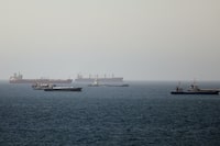 Tankers and cargo vessels are seen in the Gulf of Oman, along shipping routes linking the Strait of Hormuz and the Arabian Sea, on June 16. 