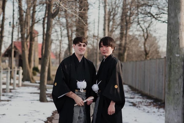 Matthew Fukushima and his husband, Daigo, in Windsor, Ontario, Feb. 2020.