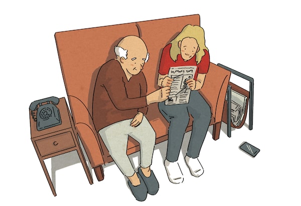 Illustration of an old man and a young woman reading a newspaper together on a couch.