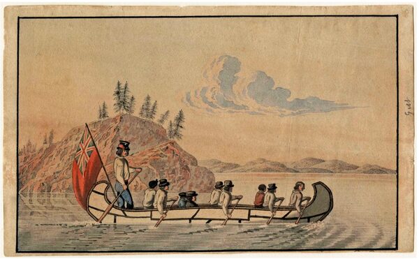 Hudson's Bay Company officials in an express canoe crossing a lake, Manitoba, c. 1825. Credit: Peter Rindisbacher / Library and Archives Canada