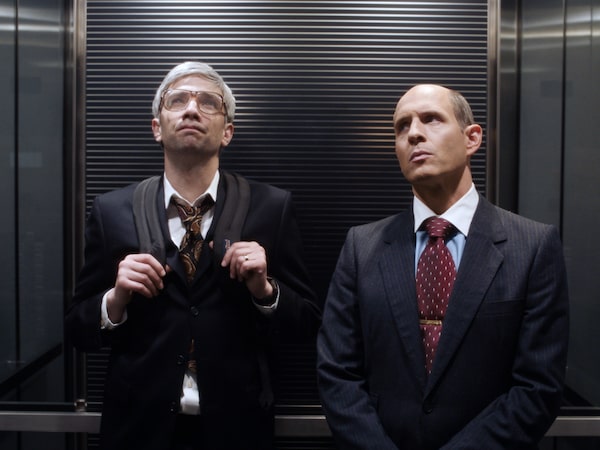 Jay Baruchel as “Mike Lazaridis”
and Glenn Howerton as “Jim Balsillie”
in Matt Johnson’s BlackBerry. Courtesy of IFC Films / Elevation Pictures