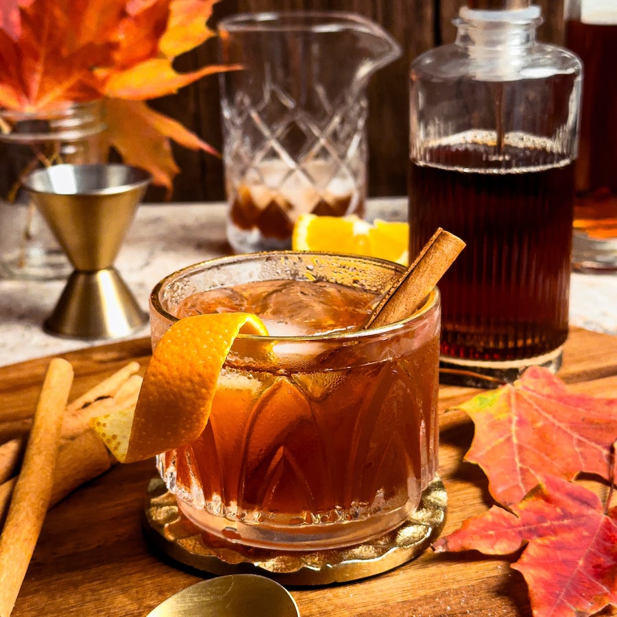 Non-alcoholic bourbon brings the heat in this maple Old Fashioned mocktail. 