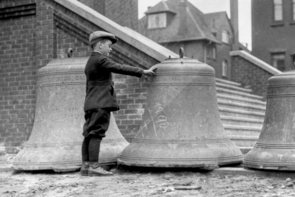 THE BELLS OF ST. JOHN'S -- The ten bells which are to be installed in the tower of St. John's Anglican Church, West Toronto, arrived from England at the week-end and were on view outside the edifice today, April 6, 1924. Three of these fine bells are shown in the picture. The bells will ring out for the first time, it is expected, on Easter Sunday morning, but the ceremony of dedication will not take place until April 27, when Rev. Canon J. J. Cody will be the preacher. Rev. R. MacNamara is the rector of St. John's, the congregation having only a few months ago moved into its new church. Photo by John Boyd / The Globe and Mail.
Originally published April 7, 1924