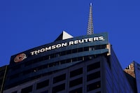 The Thomson Reuters logo is pictured on a building in the Manhattan borough of New York City, New York, U.S. November 16, 2021.  