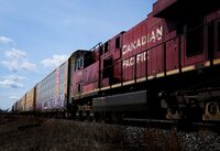 Canadian Pacific Railway trains sit at the main CP Rail train yard in Toronto on Monday, March 21, 2022.