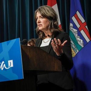 Alberta Premier Danielle Smith provides an update in Calgary on Wednesday, Feb. 19, 2025. THE CANADIAN PRESS/Jeff McIntosh