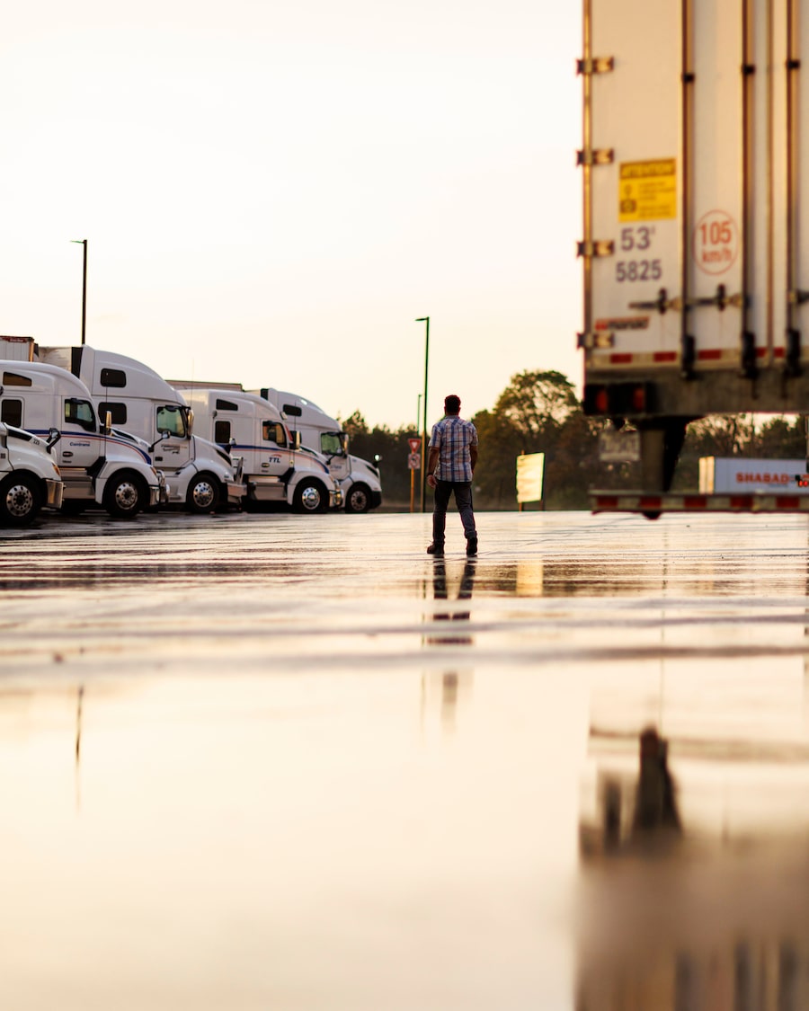 Transport trucks parked at a lot near Cambridge, Ont., in May, 2026.