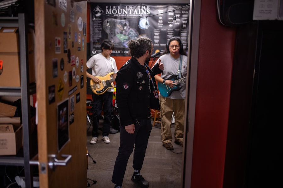 Principal Charlie Speicher leaves Jayk Shell and DeAndre DeRoche to jam at Buffalo Hide Academy in Browning, Mont., on Blackfeet Nation territory. Hear an excerpt from the session at the end of this article.