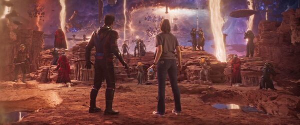 (L-R): Paul Rudd as Scott Lang/Ant-Man and Kathryn Newton as Cassandra "Cassie" Lang in Marvel Studios' ANT-MAN AND THE WASP: QUANTUMANIA. Photo courtesy of Marvel Studios. © 2022 MARVEL.