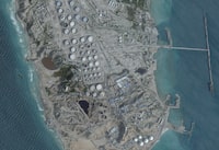 A satellite image shows an oil terminal at Kharg Island, Iran, Feb. 25.