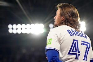 Toronto Blue Jays' Addison Barger stands on the field for a pre-game ceremony before MLB baseball action against the Los Angeles Angels in Toronto on Saturday, May 9, 2026. THE CANADIAN PRESS/Chris Young