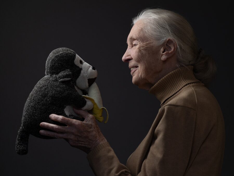 British ethologist and primatologist Jane Goodall poses with her mascot 'Mister H' in Paris on Oct. 18, 2024.